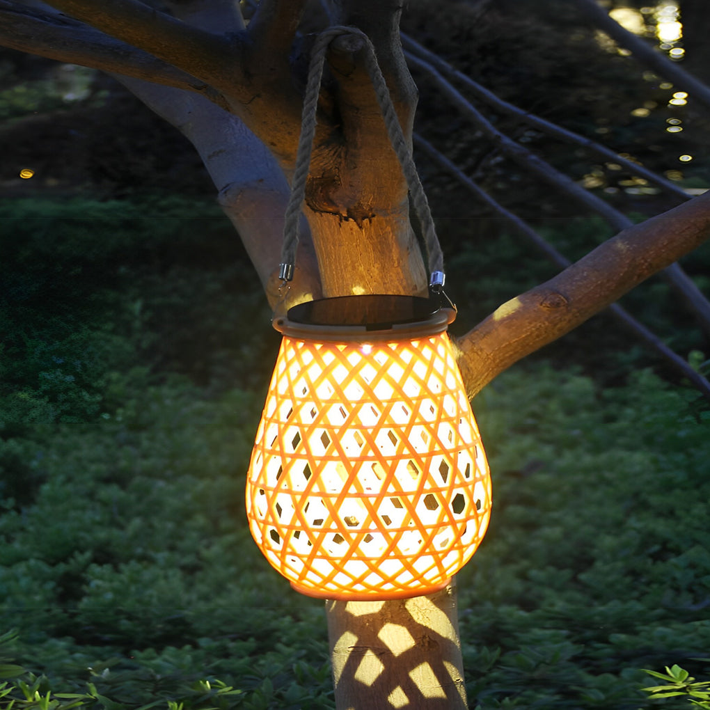 Bamboo and Rattan-Style Portable Outdoor Lantern — Plastic with Hemp Rope, Solar / USB, LED 3000K, IP44, 7.3" × 8.3"