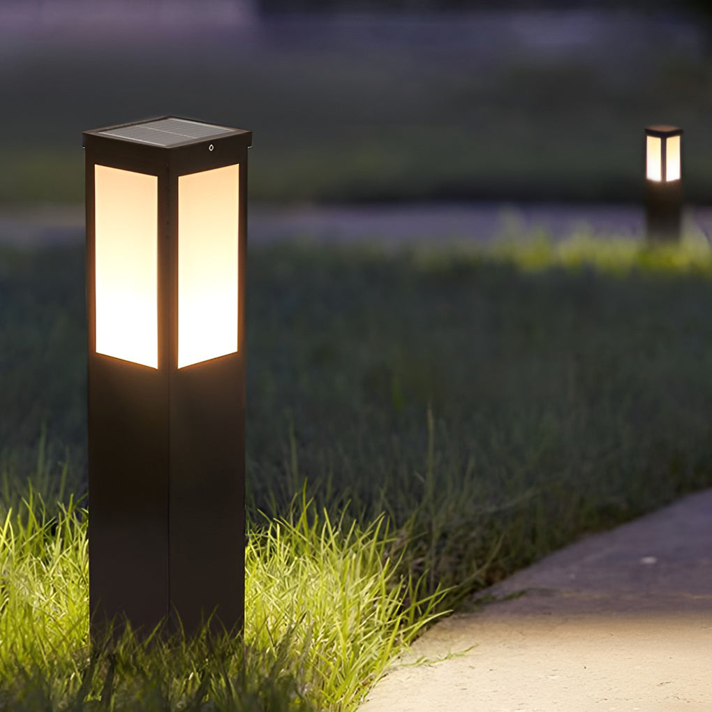 Square Industrial Solar Bollard Light — Black Iron and Acrylic, E27, Three-Step Dimming, Remote Control, IP65 Weatherproof