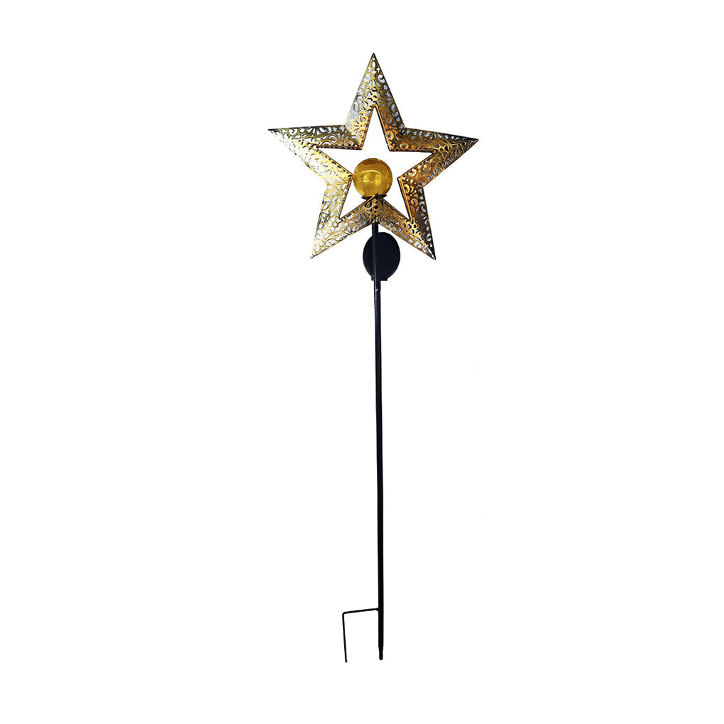 Moon, Sun & Flame Hollow Iron Solar Garden Stake Light — Cracked Glass Globe, LED, IP55 Weatherproof