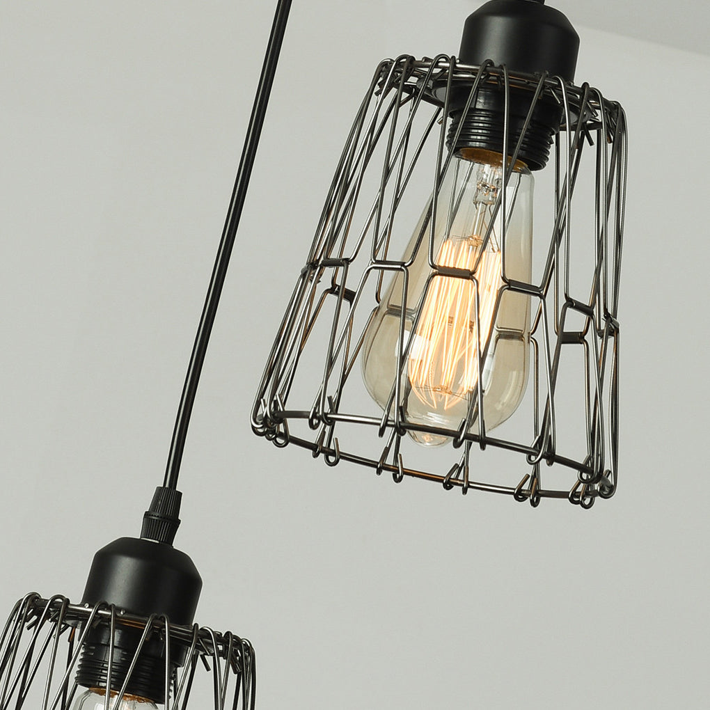 Retro Industrial Iron Cage Chandelier — Black, 3-Light, Adjustable Wire, LED-Ready