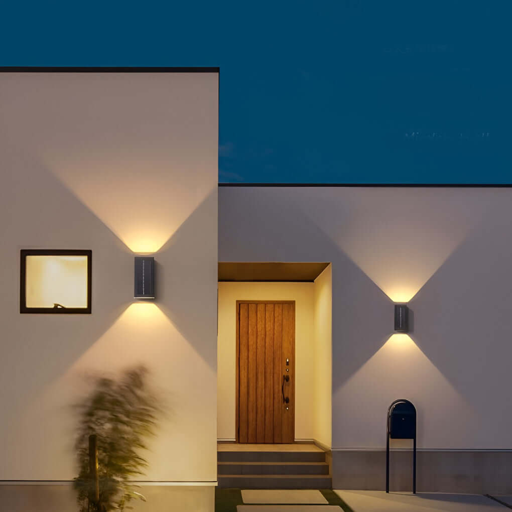 Modern Rectangular Solar Up/Down Wall Sconce — Aluminum & Glass, COB + LED, IP65, 3000K Warm White
