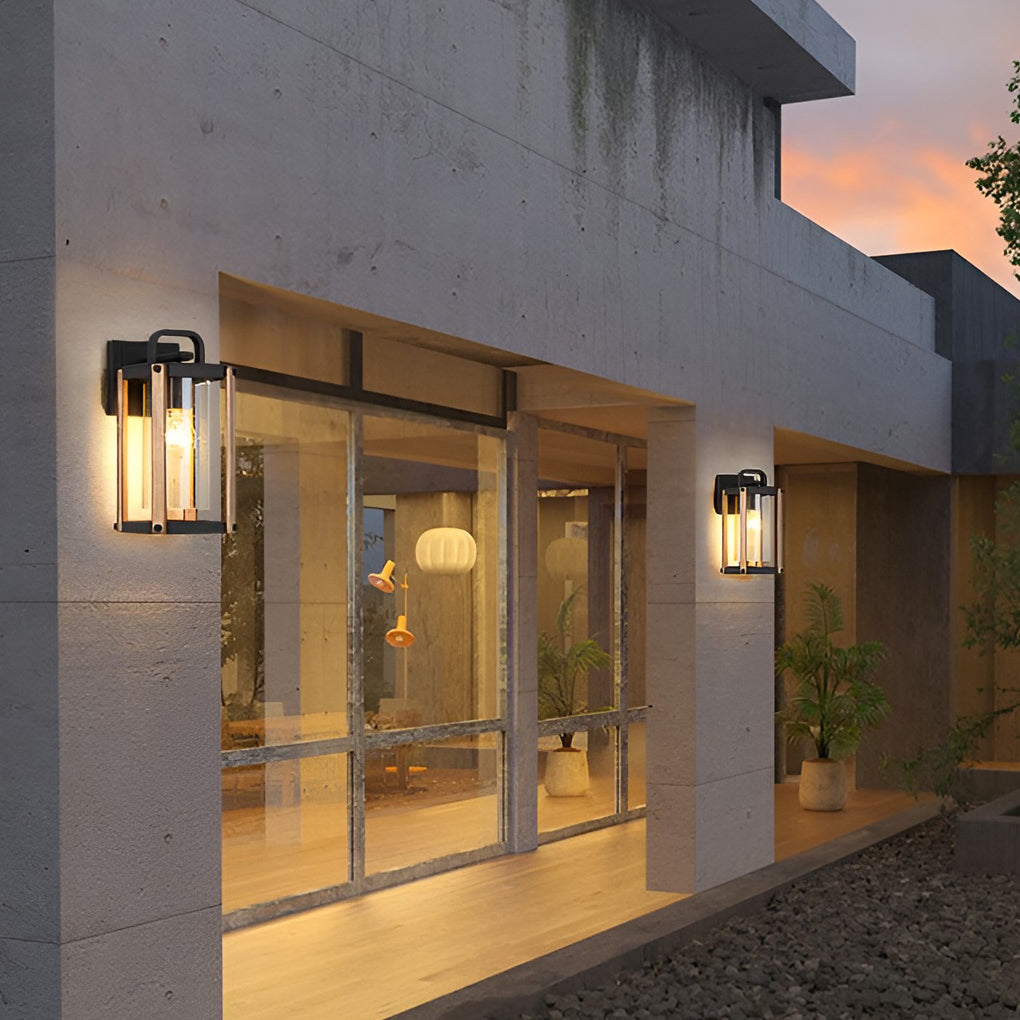 Black Glass Lantern Outdoor Wall Sconce — Die-Cast Aluminum, Industrial, Wood Grain Finish, 3200K