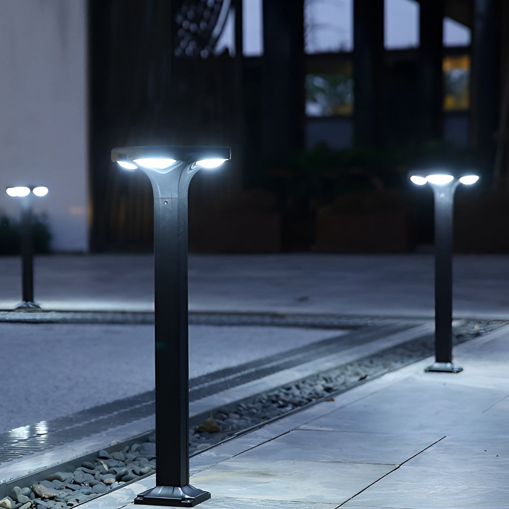Square LED Bollard Path Light — Die-Cast Aluminum, 4-Light, Solar / Hardwired, IP65 Waterproof, 3000K / 6000K, 16"–39" Heights