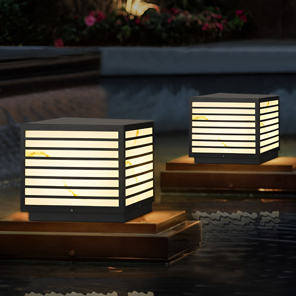 Modern Square Outdoor Pillar Post Light — Stainless Steel, Faux Marble, Solar / Hardwired, IP65