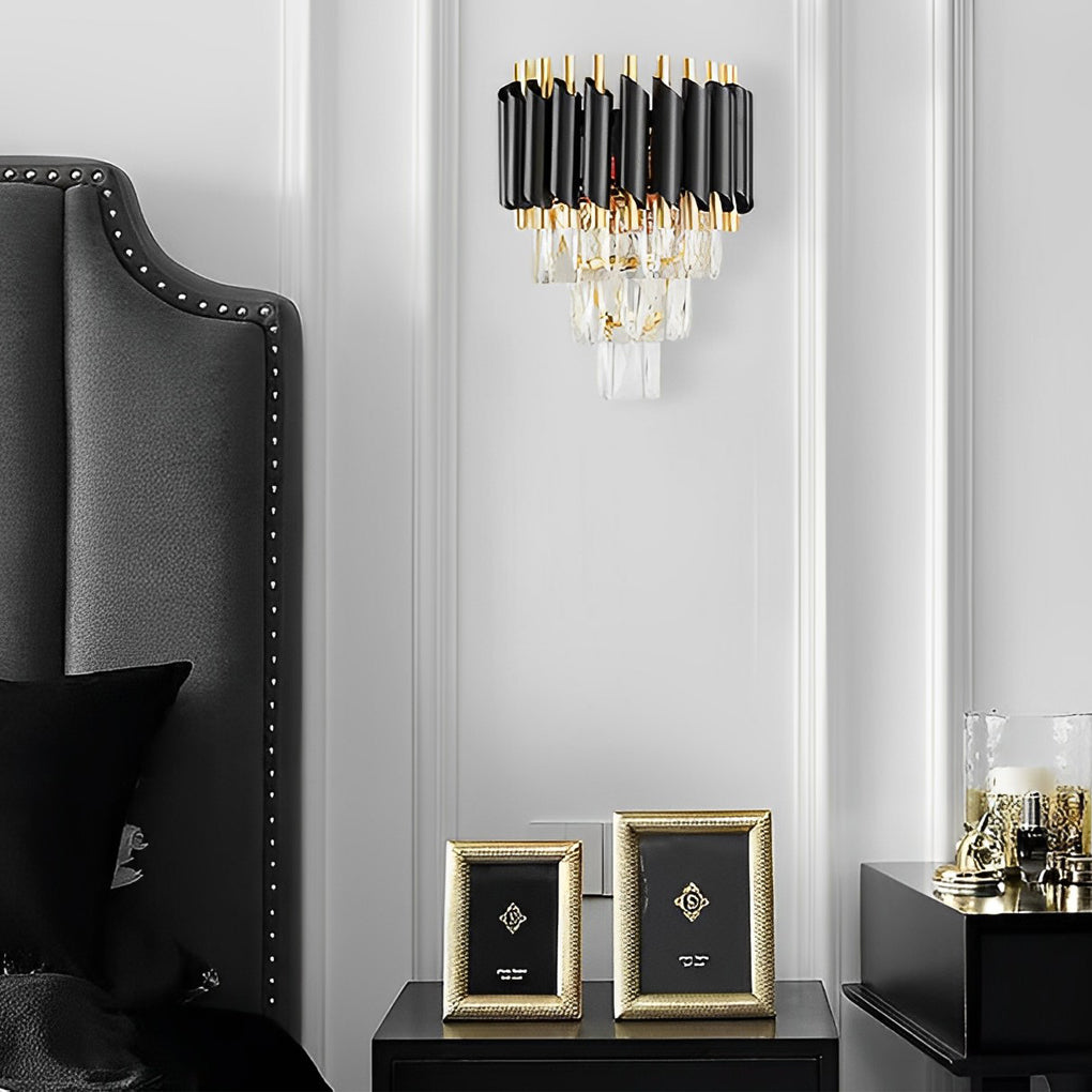 Postmodern Geometric Wall Sconce — Metal and Crystal Glass, 2-Light E14, Gold and Black, 10" × 14"
