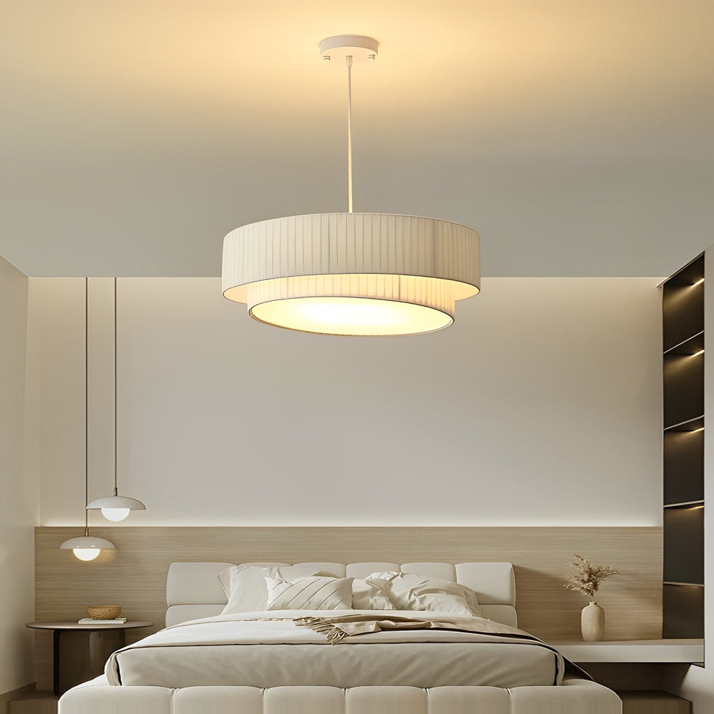Double-Layer Drum Pleated Chandelier — White Fabric & Acrylic, 4-Light E27, 20" Diameter, 3000K Warm White