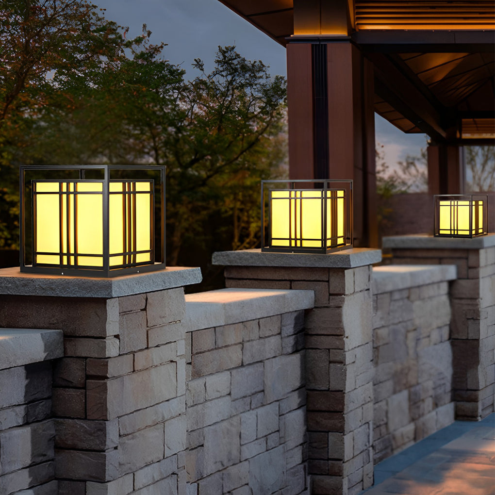 Square Outdoor Post Cap Light — Black Galvanized Steel, Imitation Marble Shade, LED, Waterproof, Hardwired