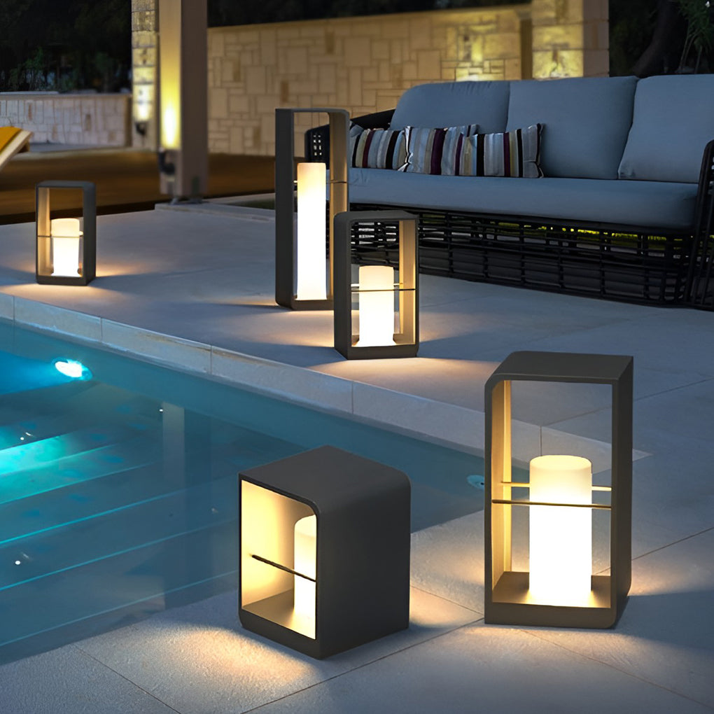 Modern Black Rectangular Frame Outdoor Lantern — Stainless Steel & PMMA, Solar / Hardwired, LED 3200K, IP54, 11", 17", or 29"