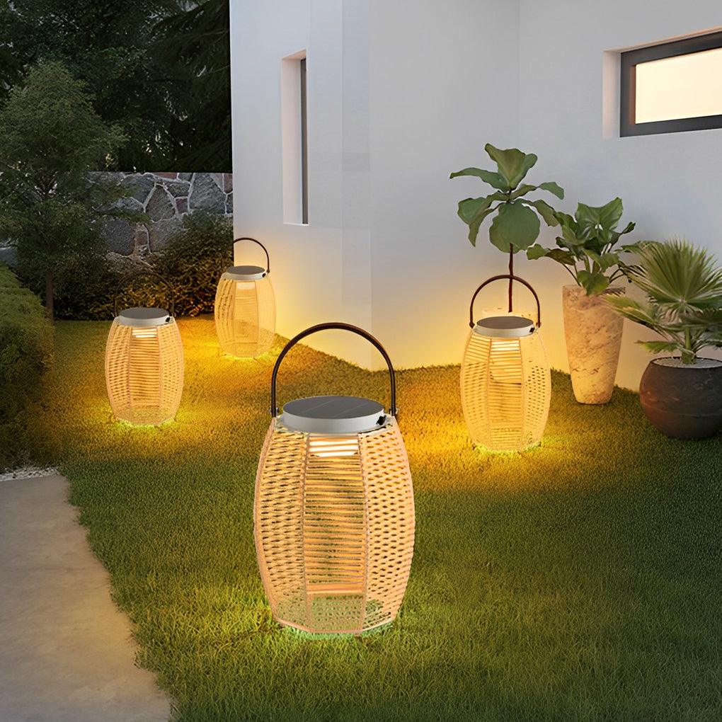 Rattan Solar Portable Outdoor Lantern — Stainless Steel, 3000K Warm White, IP54 Weatherproof, 180° Rotating Handle