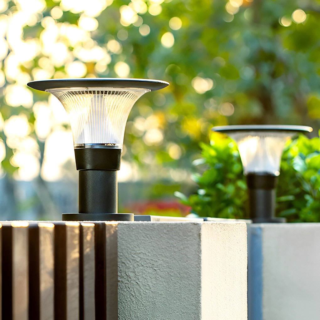 Modern Black Round Solar Post Cap Light — Die-Cast Aluminum, LED, Dimmable, IP55, Warm/White, 9" Diameter