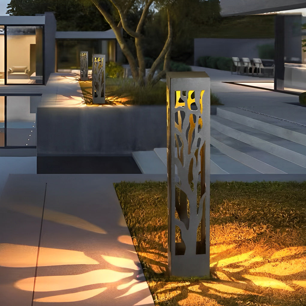 Hollow-Out Branch Solar Bollard Light — Stainless Steel, LED, IP54, Dusk-to-Dawn, 23.6" or 31.5"