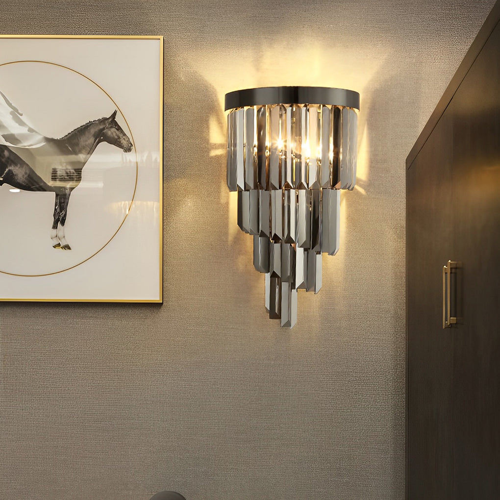 Postmodern Crystal and Stainless Steel Wall Sconce — Smoke Gray, Three-Step Dimming LED, E14