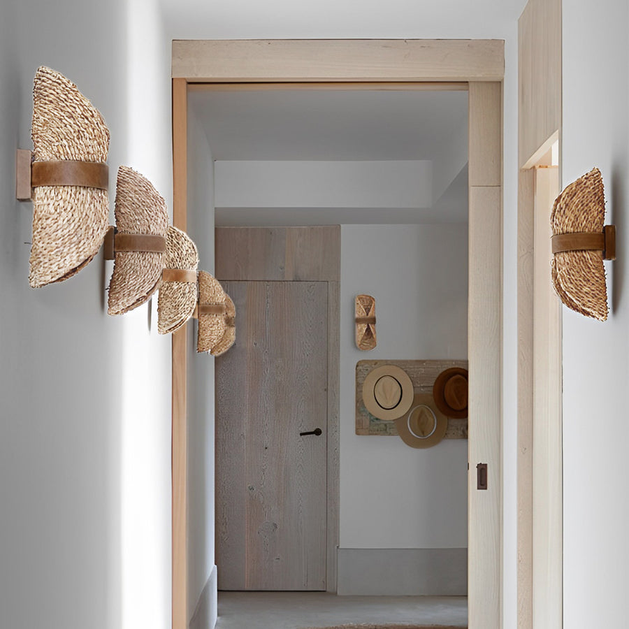 Japanese Retro Rattan Wall Sconce — Wood Base, Handwoven, Up/Down LED, G9, 3000K