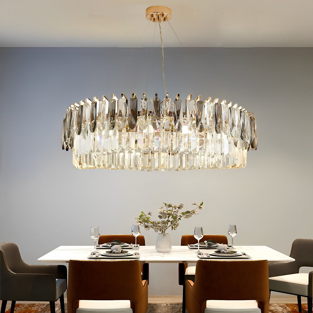 Modern Double-Layer Round Crystal Chandelier — Gold Electroplated Metal, Raindrop Crystal, Adjustable Height, 20"–39" Diameter