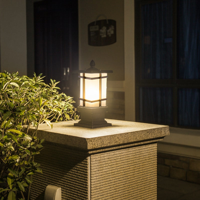 Vintage Geometric Outdoor Bollard Light — Black Aluminum & Glass, 12W LED E27, IP65, Hardwired