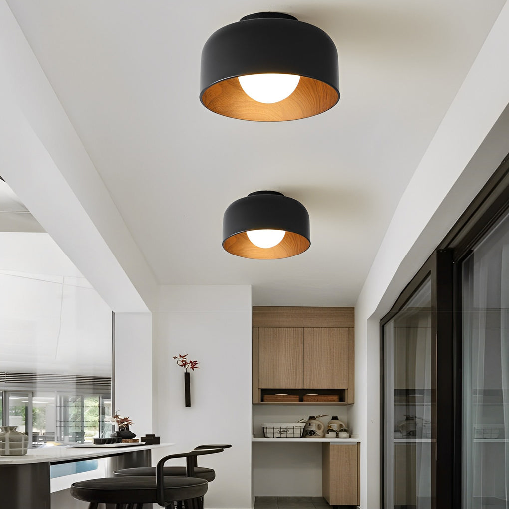 Bowl-Shaped LED Flush-Mount Ceiling Light — Iron and Glass, Imitation Wood Texture, 13.8", 3000K Warm White