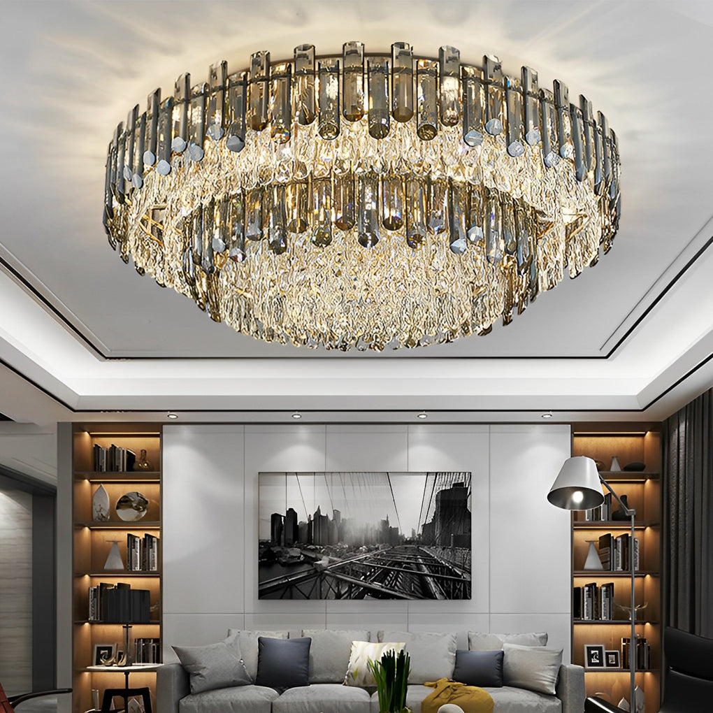 Round Crystal Flush-Mount Ceiling Light — Metal and Iron, Three-Step Dimming, 3000K/4500K/6000K, 20"–39" Sizes
