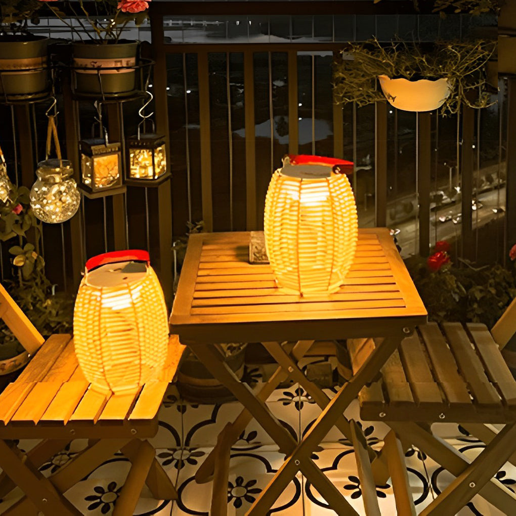 Rustic Modern Solar Outdoor Lantern — Hand-Woven Rattan, LED, IP54 Waterproof, Portable
