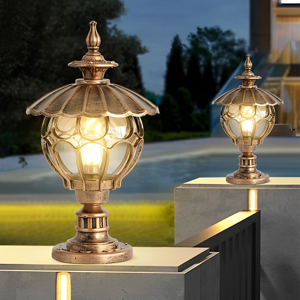 Flower Ball Outdoor Pillar Light — Die-Cast Aluminum, Cognac Glass, E27, 9" × 17", Black / Bronze