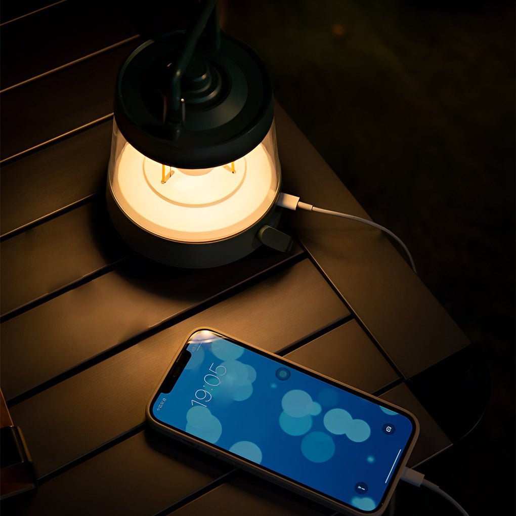 Forest Green Rechargeable Camping Lantern — ABS+PC, USB 5V, LED Dimmable, IP65 Waterproof, 15-Hour Battery, 5" × 7"