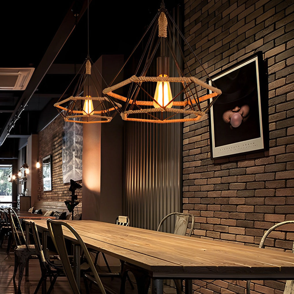 Rustic Geometric Rope Lantern Pendant — Black Iron, Industrial, E27, 51" Adjustable Wire