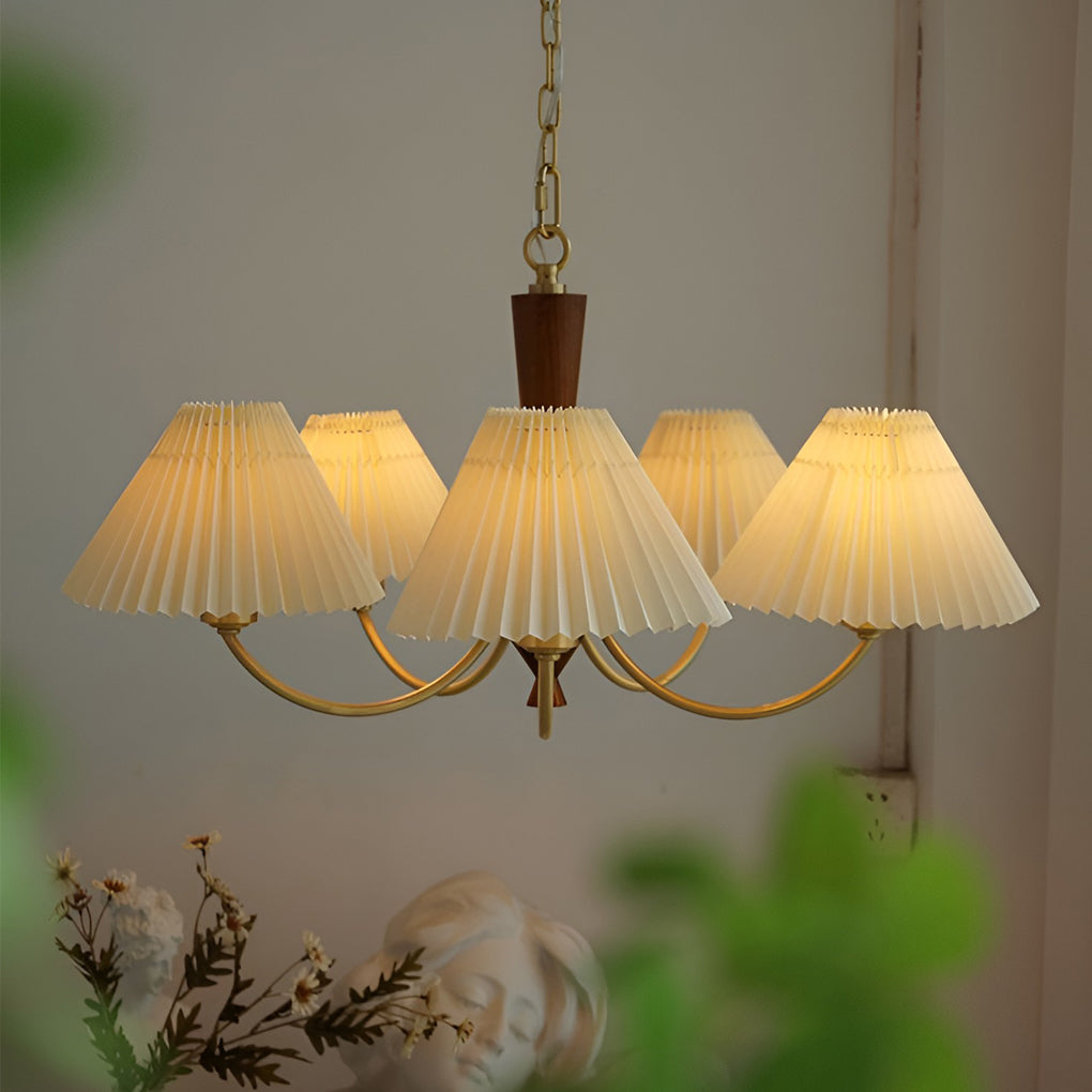 Pleated Shade Chandelier — Copper & Walnut, 12W LED Warm White 3000K, 3-Light 24" or 5-Light 28"