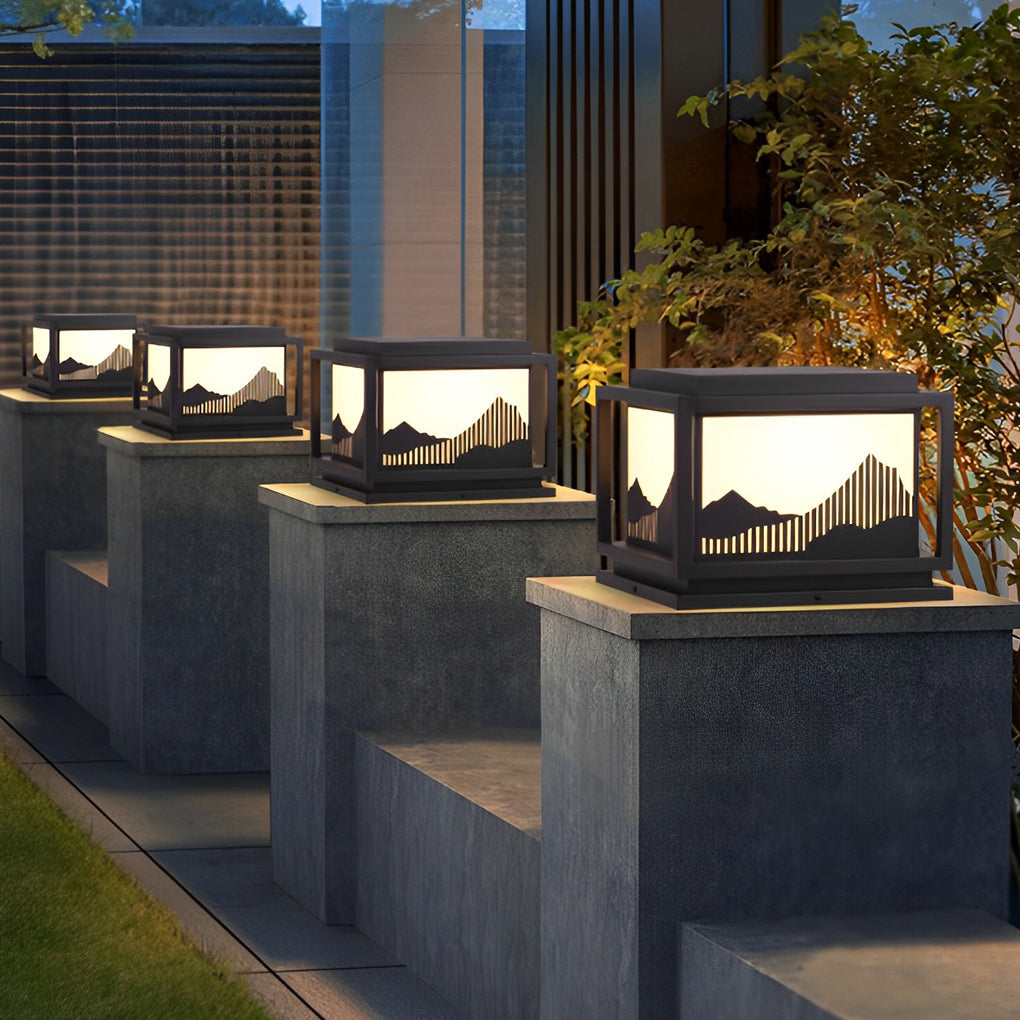 Square Solar Post Cap Light — Galvanized Steel & Acrylic, Mountain Scenery, LED E27, Hardwired / Solar, Warm White 3000K