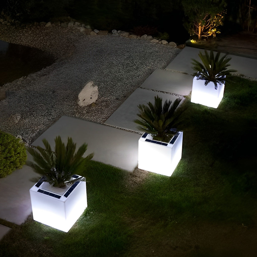 Square Solar Flower Pot Light — PE, LED Warm White 3000K, IP65 Weatherproof, 15.7" × 15.7"