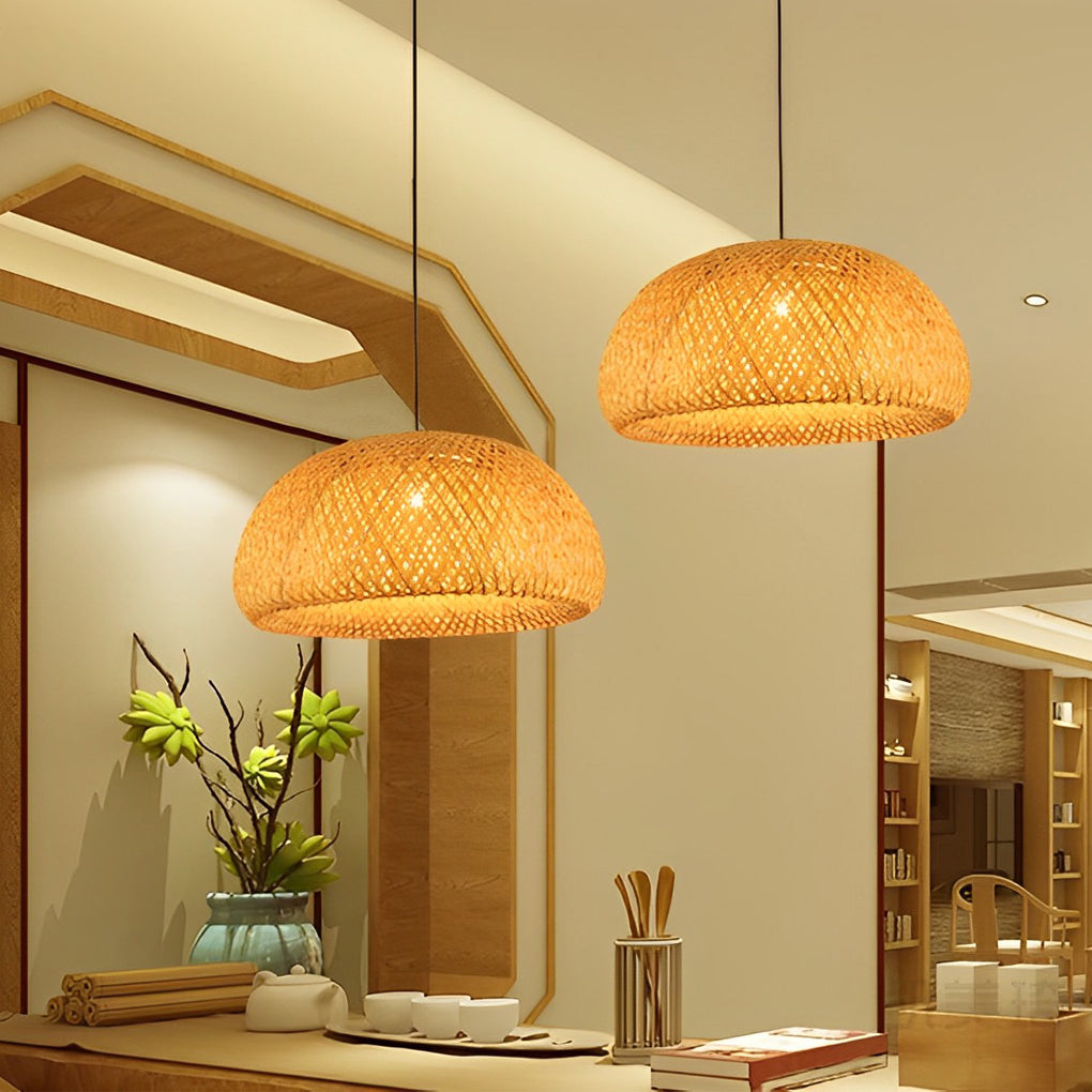 Hand-Woven Bamboo Lantern Chandelier — Rustic Modern, E27, Three-Step Dimming (3000K/4500K/6000K), 12"–18" Options