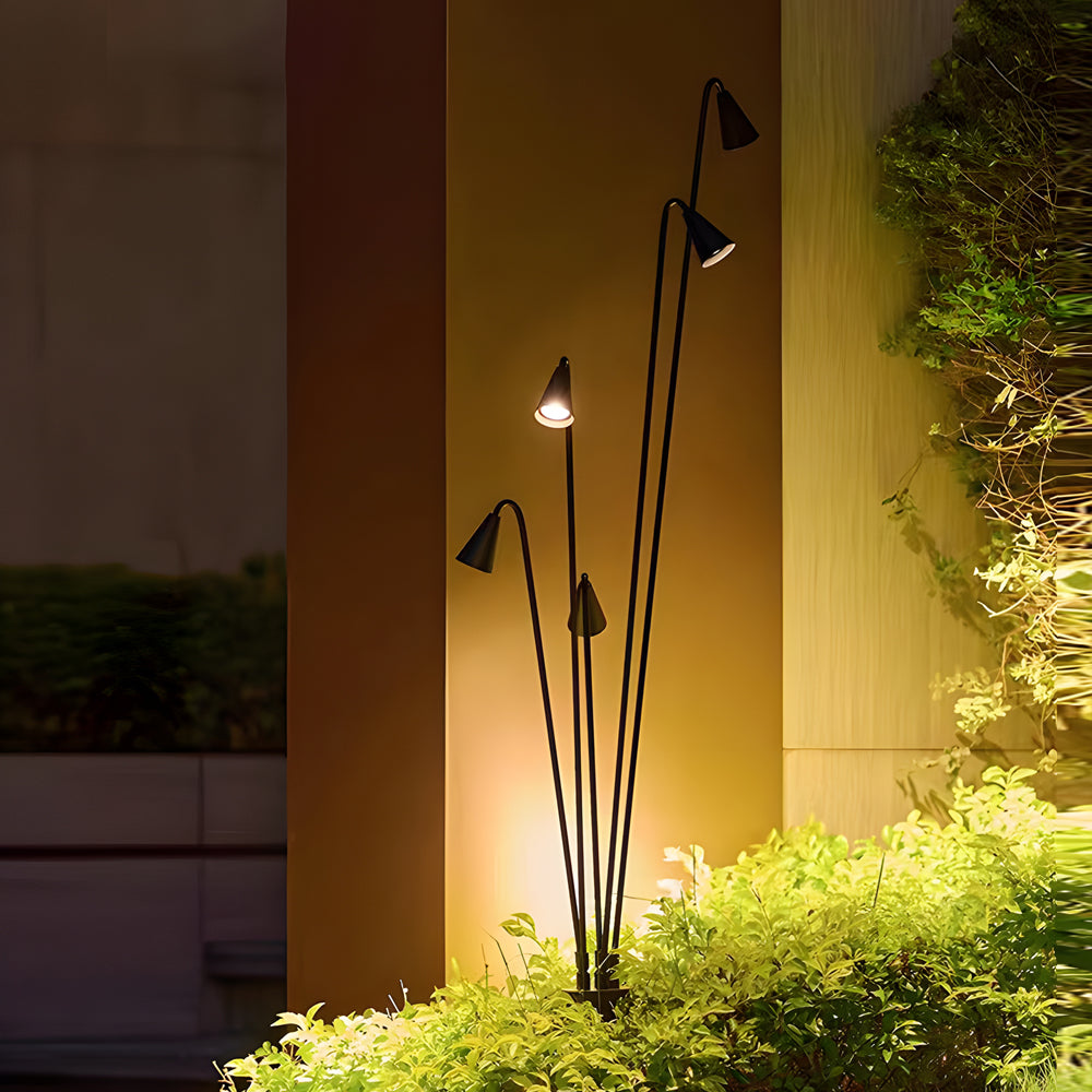 Multi-Head Industrial Outdoor Floor Lamp — Die-Cast Aluminum, Black, 360° Rotation, IP55, Hardwired, 3-Light or 5-Light