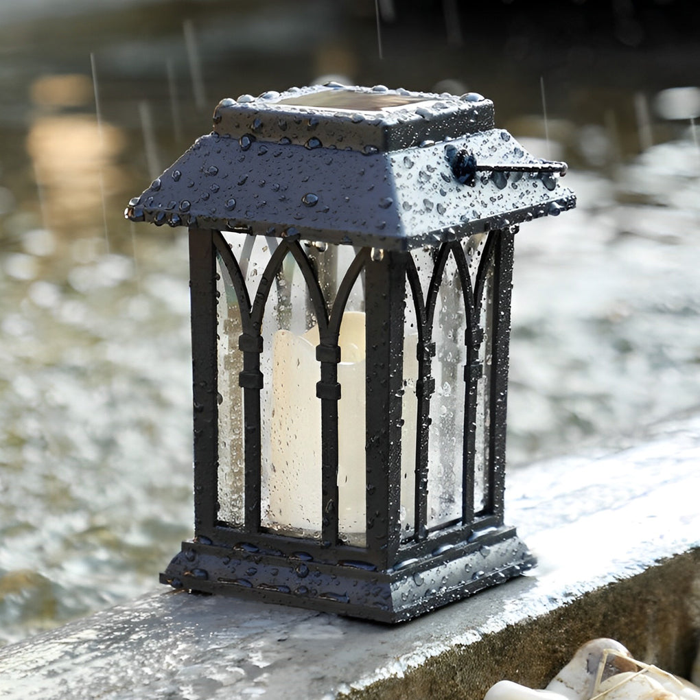 Black Solar Outdoor Portable Lantern — Glass, LED, IP54 Weatherproof, 3000K Warm White
