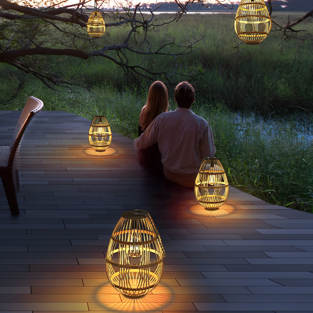 Rustic Modern Solar Portable Lantern — Wood and Rattan, LED, 3000K Warm White, IP65 Weatherproof, 7" × 11"