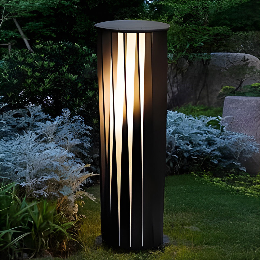 Geometric Cage Solar LED Bollard Path Light — Die-Cast Aluminum, Black, IP65, 3000K, Available in 15.7", 23.6", or 31.5"