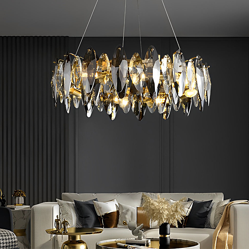 Oval Crystal Chandelier — Smoke Gray & Transparent K9 Crystal, Iron, LED, 3000K Warm White, 20"–39" Diameter