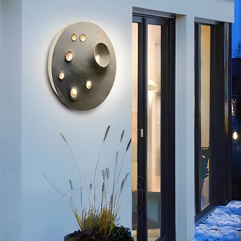 Lunar Crater Round Outdoor Wall Sconce — Stone, LED, IP65 Weatherproof, 12" or 18", 3000K Warm White