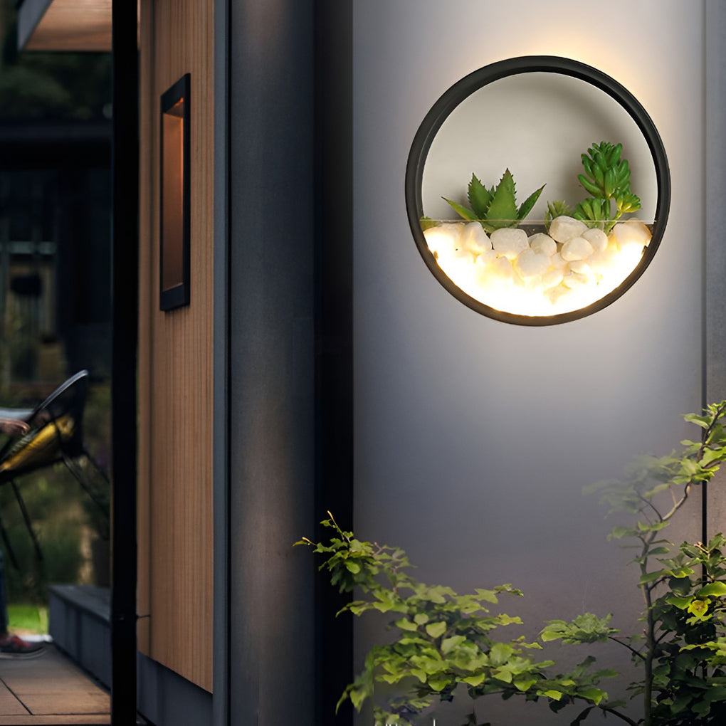 Modern Outdoor Wall Sconce with Artificial Stone and Plant Landscape — Iron, 18W LED, Round, 8"/12"/20"