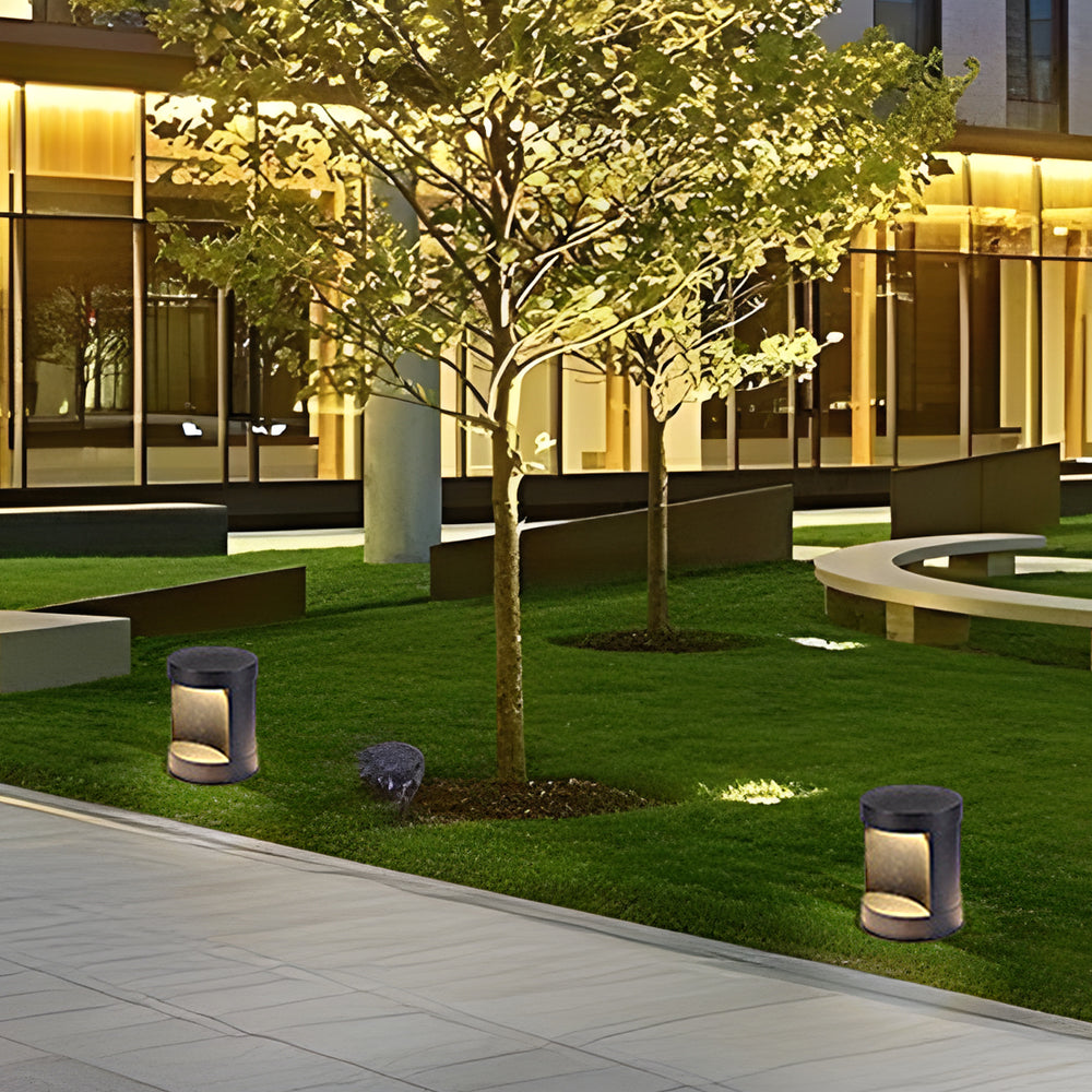 Contemporary Outdoor Cylinder Bollard Light — Aluminum and Frosted Glass, LED, Solar or Hardwired, IP65, 15W, Black