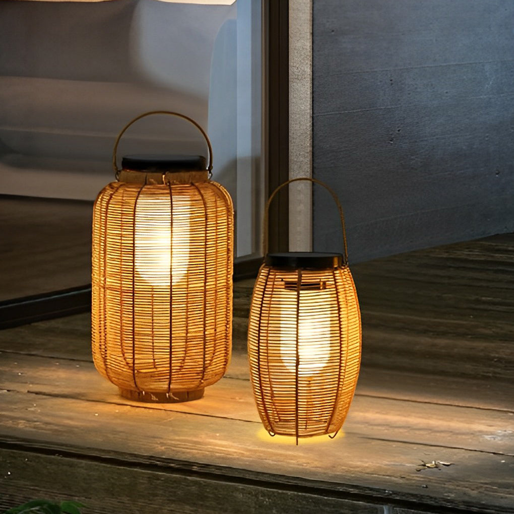 Hand-Woven Rattan Solar Portable Lantern Floor Lamp — Iron, LED, IP65 Weatherproof, 4500K