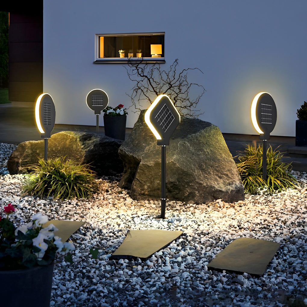 Circular Geometric Solar LED Path Light — Stainless Steel & Silicone, Black, IP54, 3000K Warm White