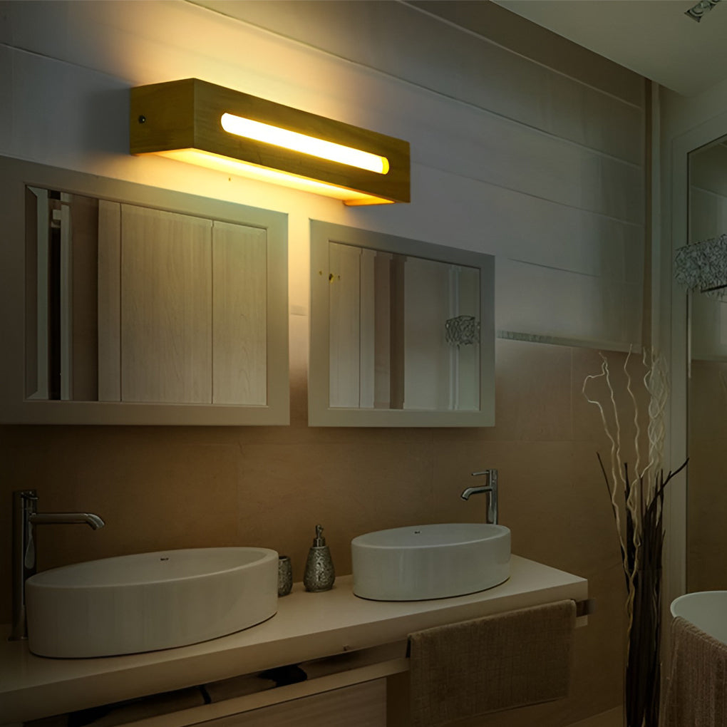Rectangular Wood Wall Sconce — Rubber Wood, LED, Moisture-Proof, 14"/18"/22" Lengths