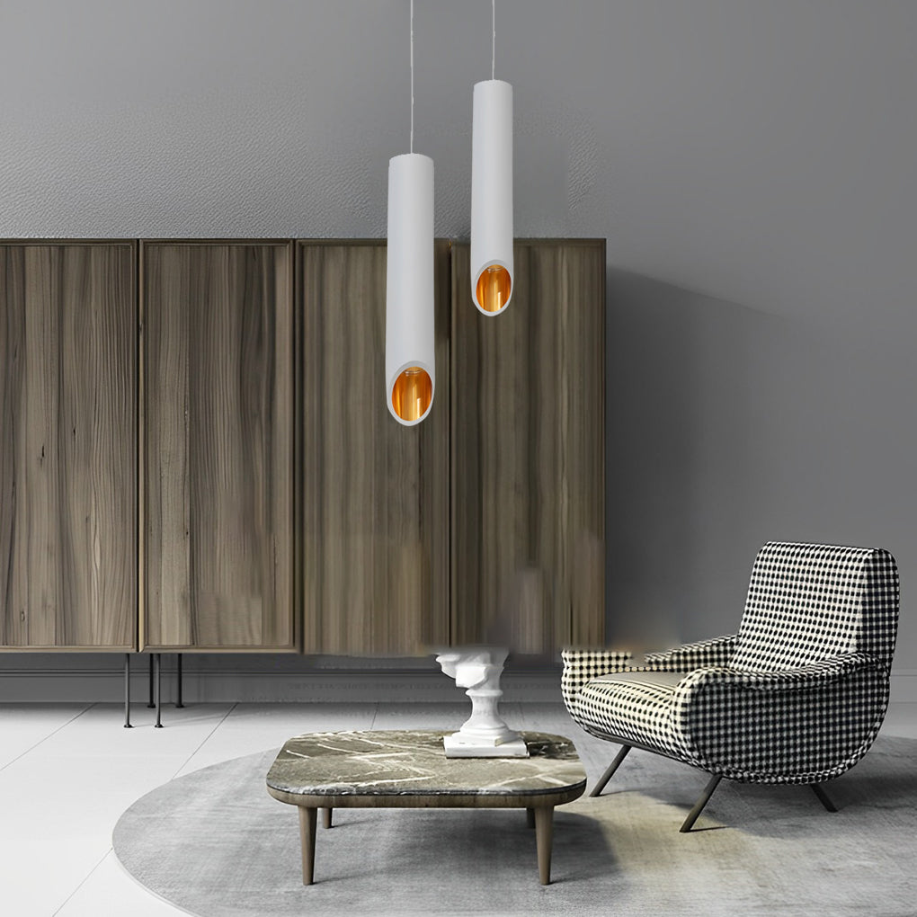 Cylindrical Oblique Mini Pendant — Aluminum, LED 5W 3000K, 2" × 16", Black or White with Gold