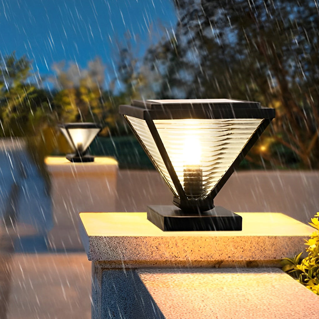 Geometric Solar Fence Post Light — Stainless Steel and Glass, Black, LED 3000K, IP-Rated Weatherproof