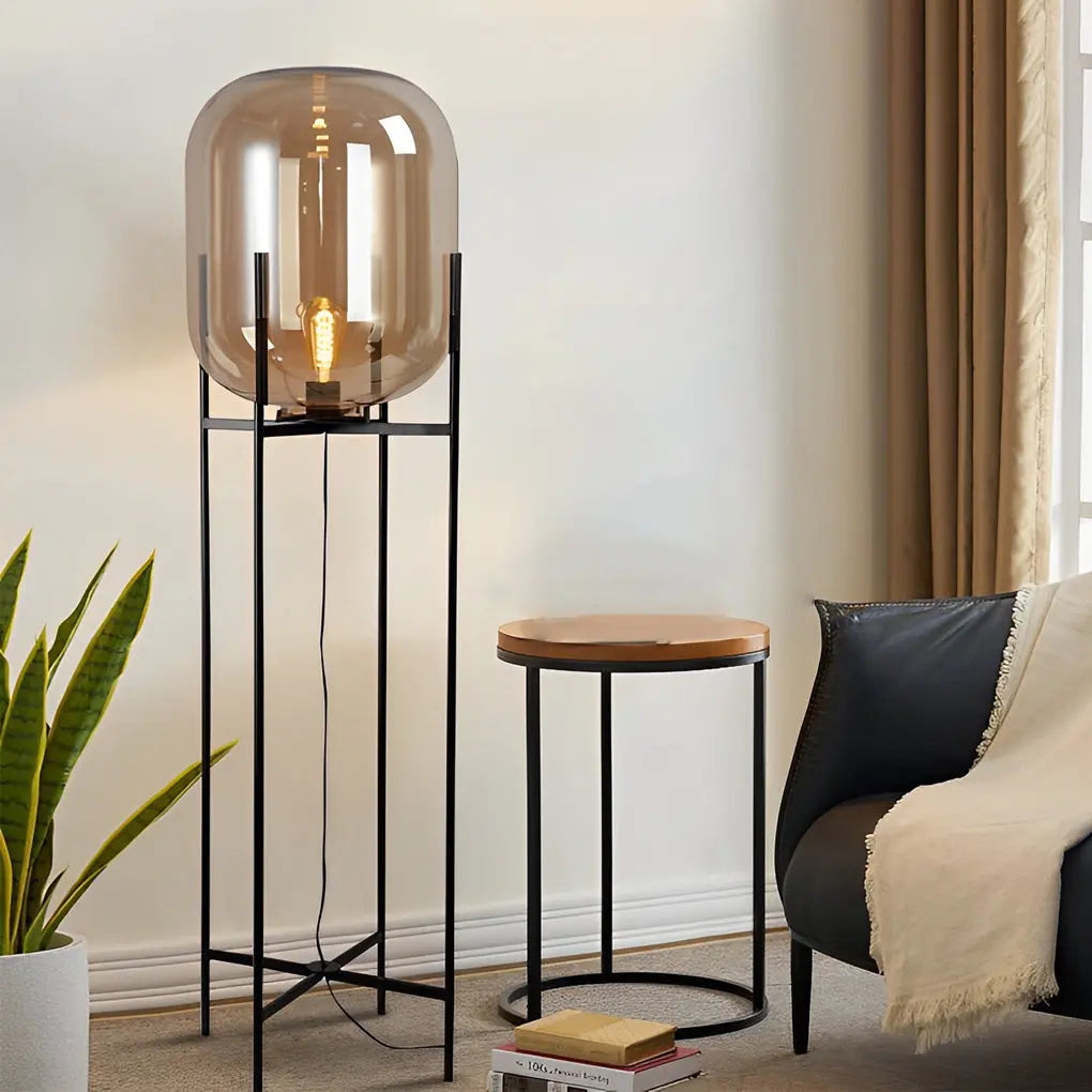 Industrial Floor Lamp with Standing Metal Base and Hand-Blown Glass Shade Luxe
