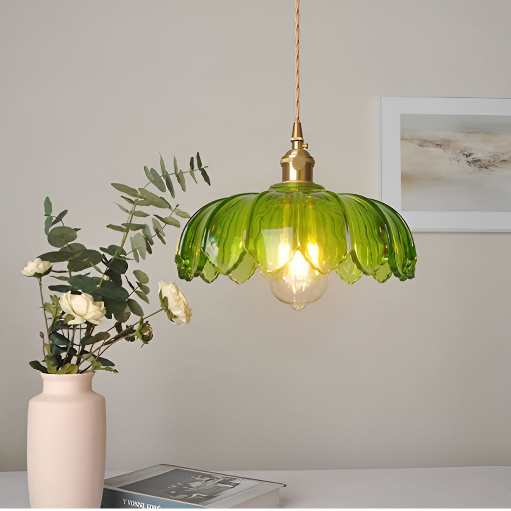 Retro Flower Glass Mini Pendant — Brass, Rotary Switch, 10" Diameter, Clear / Amber / Green / White