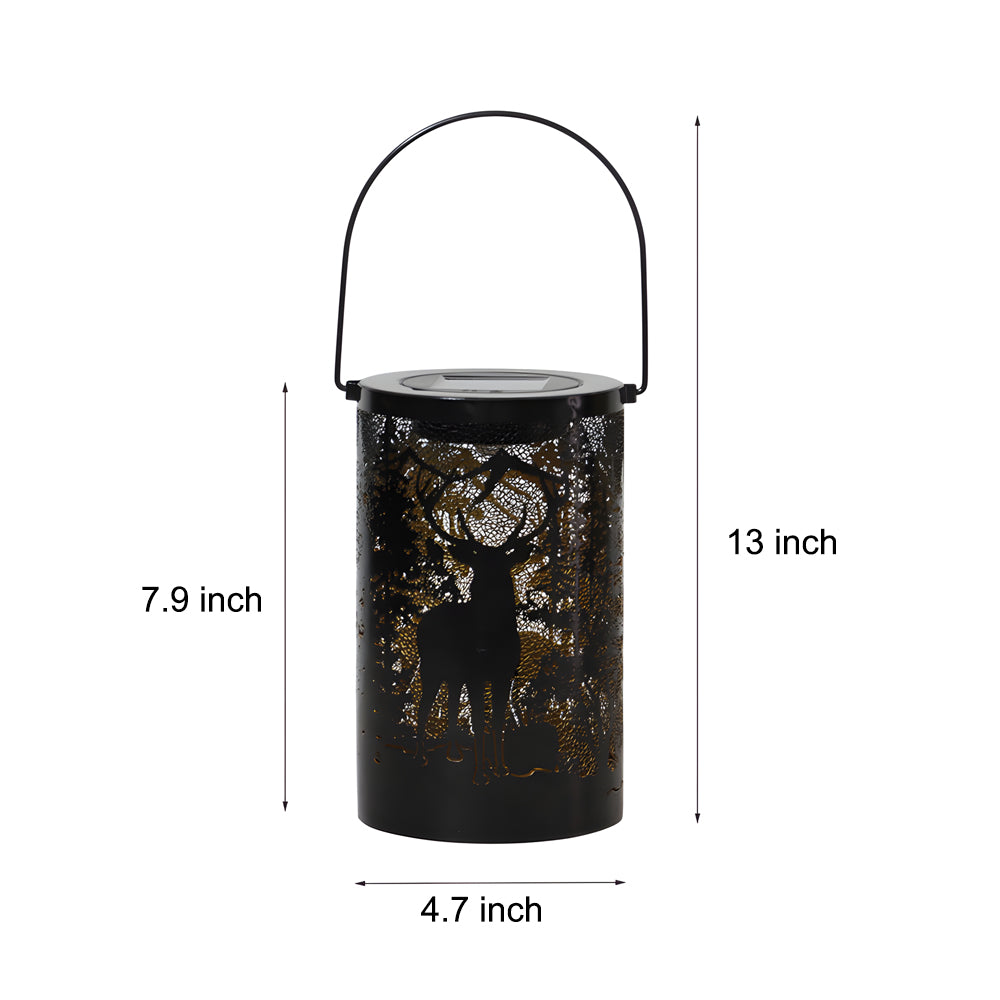 Iron Hollow Deer Silhouette Hanging Solar Lantern — Black, LED, IP65 Weatherproof, Warm White 3000K
