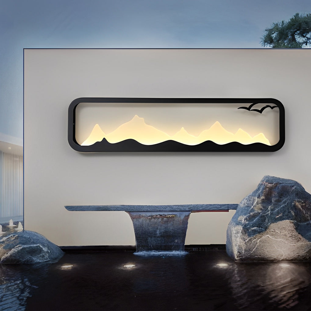 Rectangular Mountain Scenery Outdoor Wall Sconce — Black Iron & Acrylic, Industrial, LED, IP65, 14W–28W, 3000K