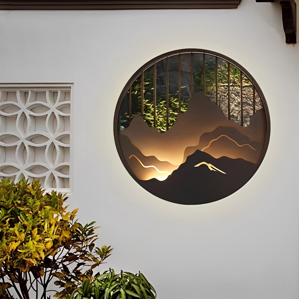 Round Mountain Scenery Outdoor Wall Sconce — Black Iron, LED Waterproof, 16"/24"/31"