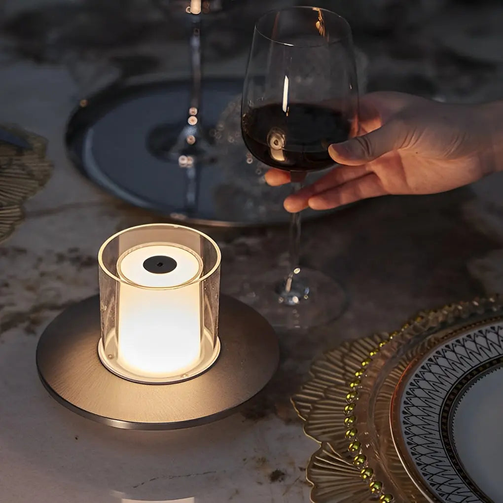 Contemporary Cordless Cylinder Candle Table Lamp with Dish Base Luxe