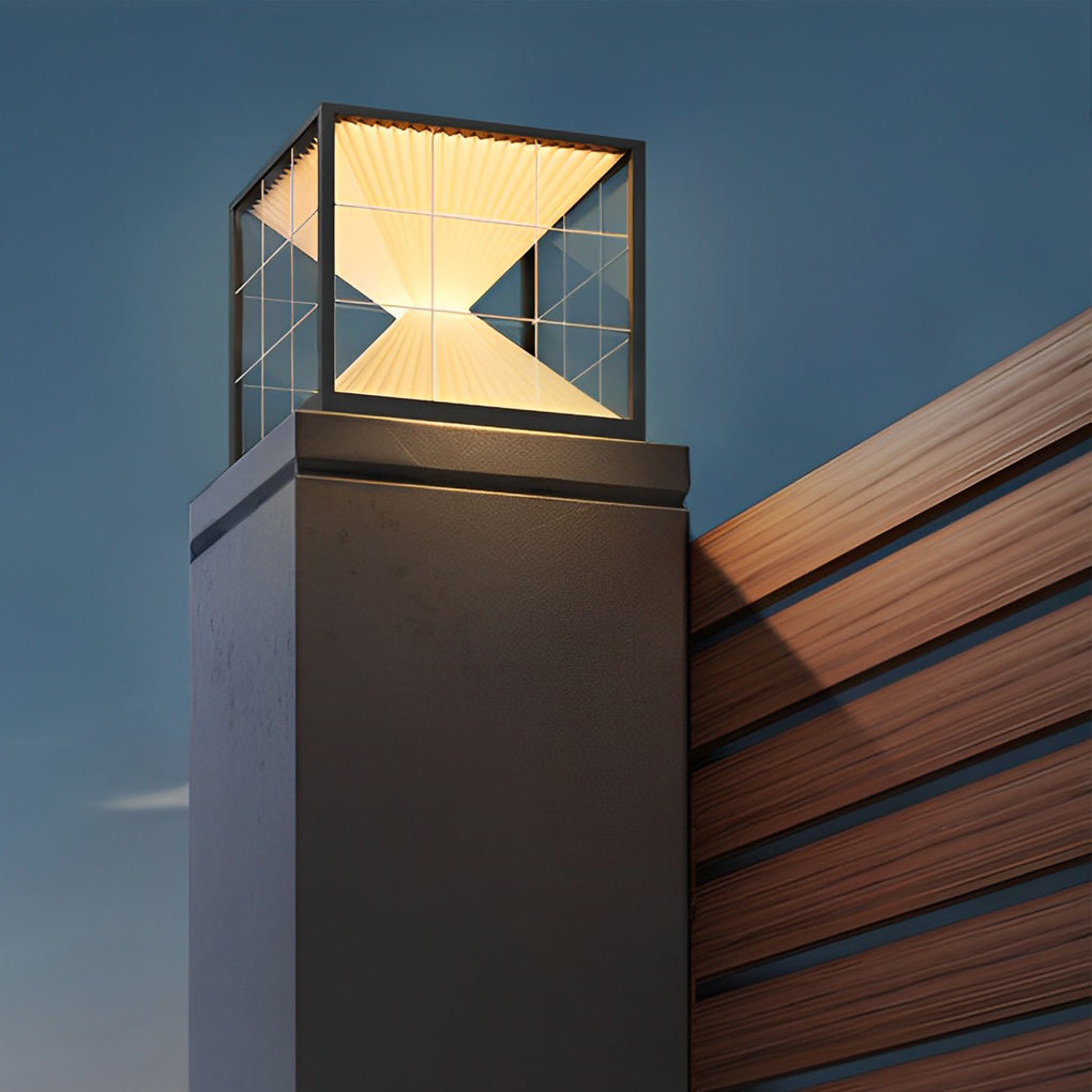Square Hourglass Solar Fence Post Light — Stainless Steel & Acrylic, LED 3000K, IP65 Weatherproof, Black