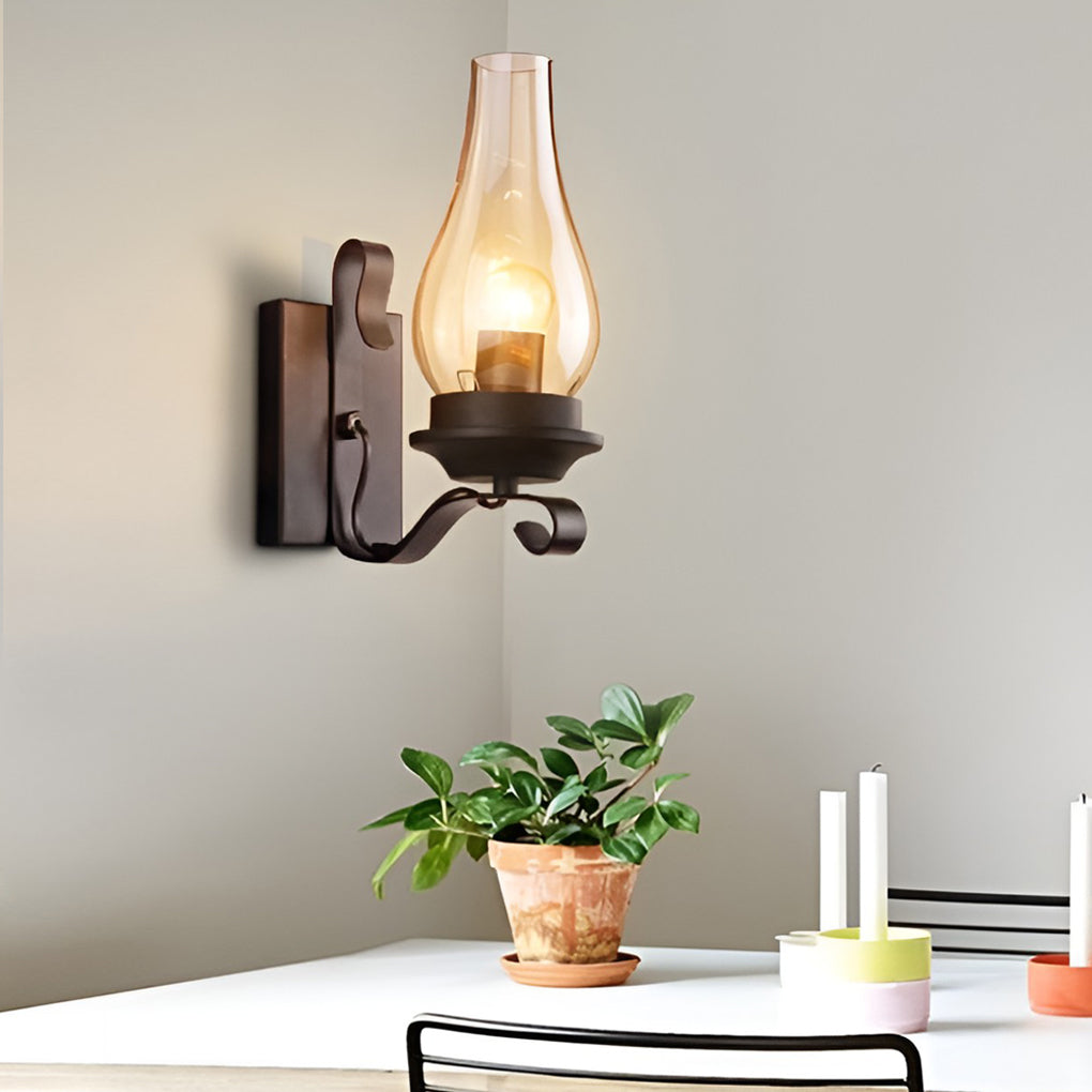 Industrial Retro Wall Sconce — Black Iron, E27, Blown Glass Shade, 8" × 12"